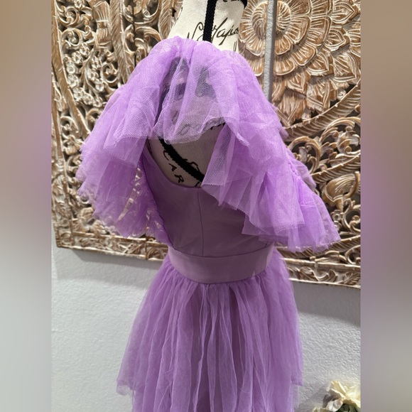 Faeriesty Plunging Neck Backless Ruffle Trim A Line Dress, Lavender- size XS - Picture 7 of 13